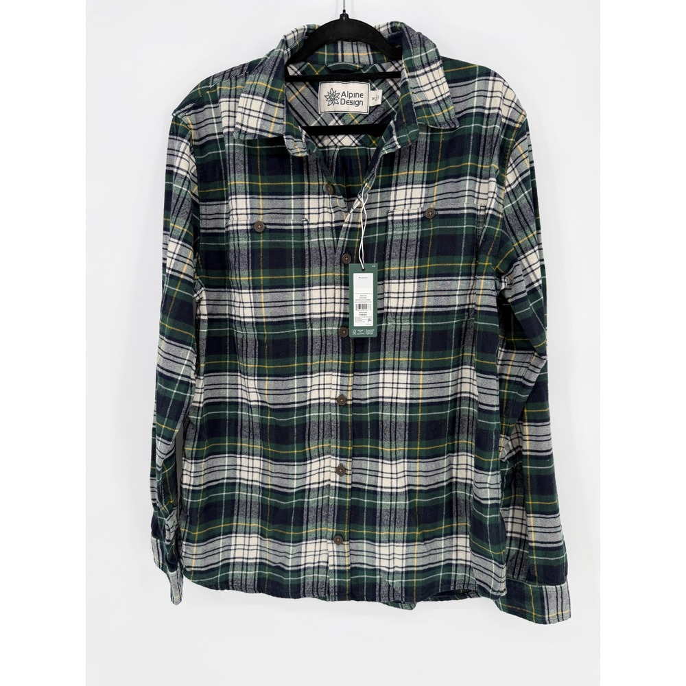 Alpine Design Men's Flannel Shirt Green Plaid Long‎ Sleeve Button Up Size M